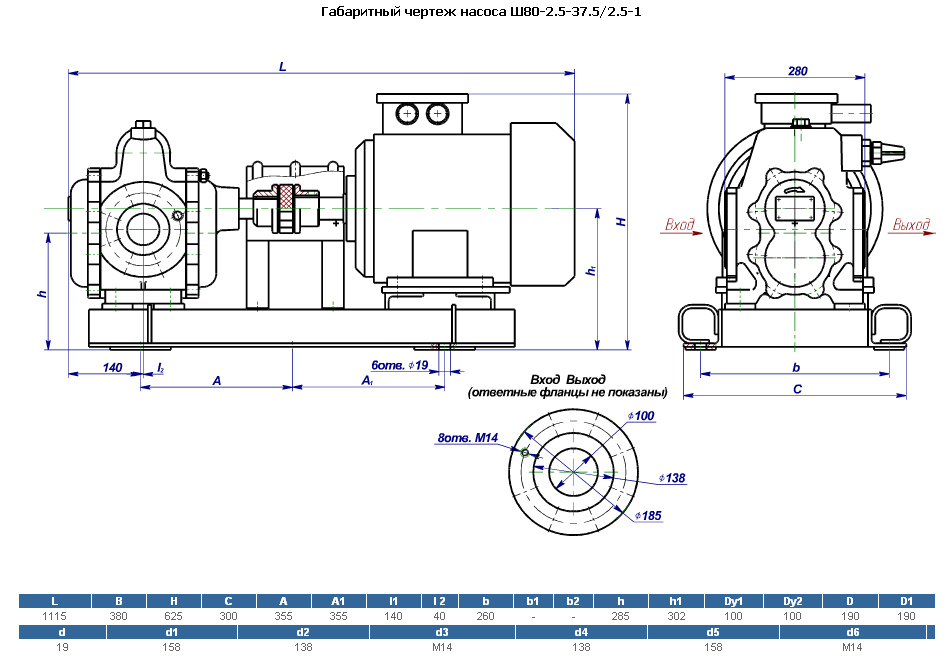 Габаритная характеристика насосов Ш 80-2,5-37,5/2,5