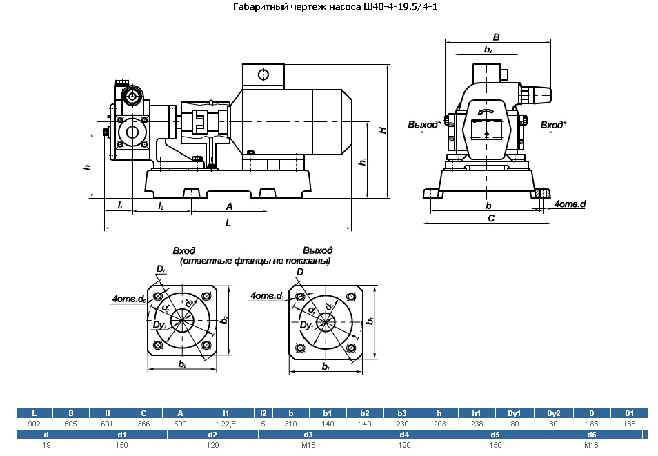 Габаритная характеристика насосов Ш 40-4-19,5/4