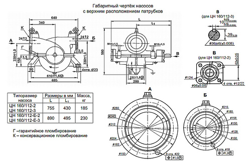 Габаритный чертёж насосов ЦН с верхним расположением патрубков