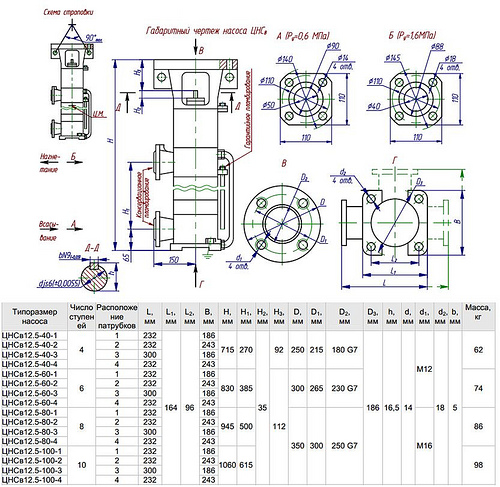 Габаритная характеристика насосов ЦНСв 12.5-100