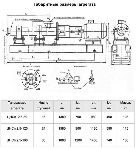 Габаритная характеристика насосов ЦНСп 2,5-80